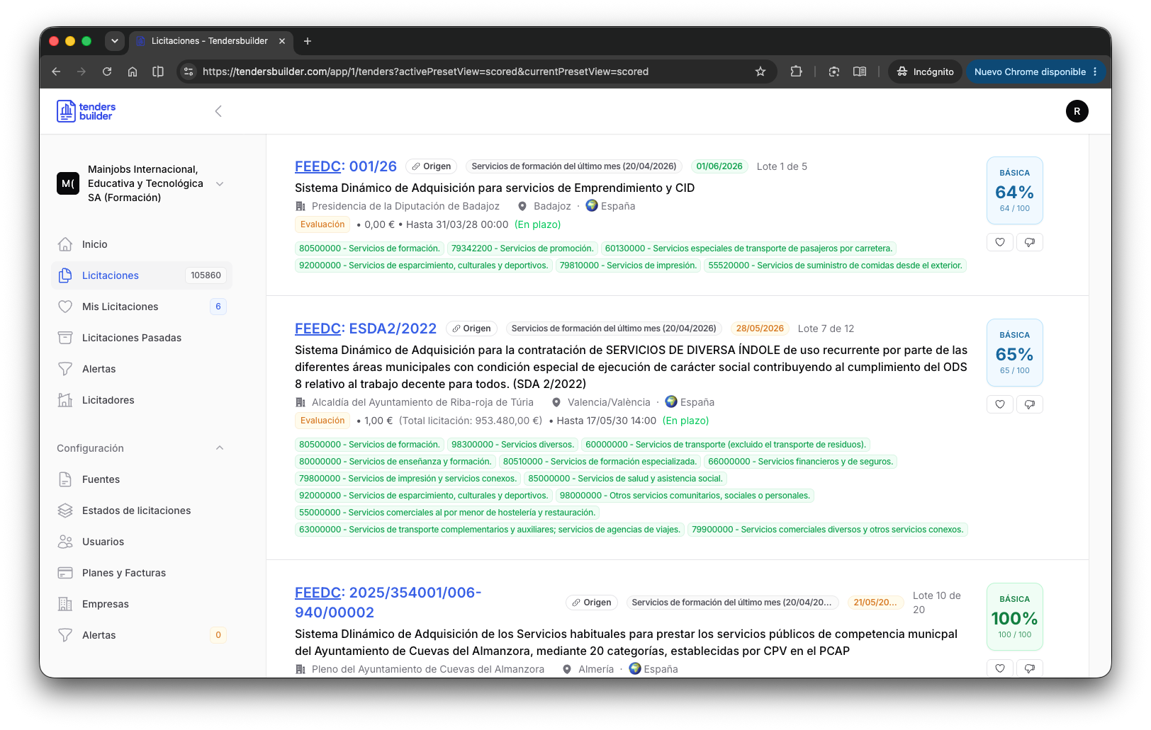 Listado de licitaciones con puntuación de probabilidad